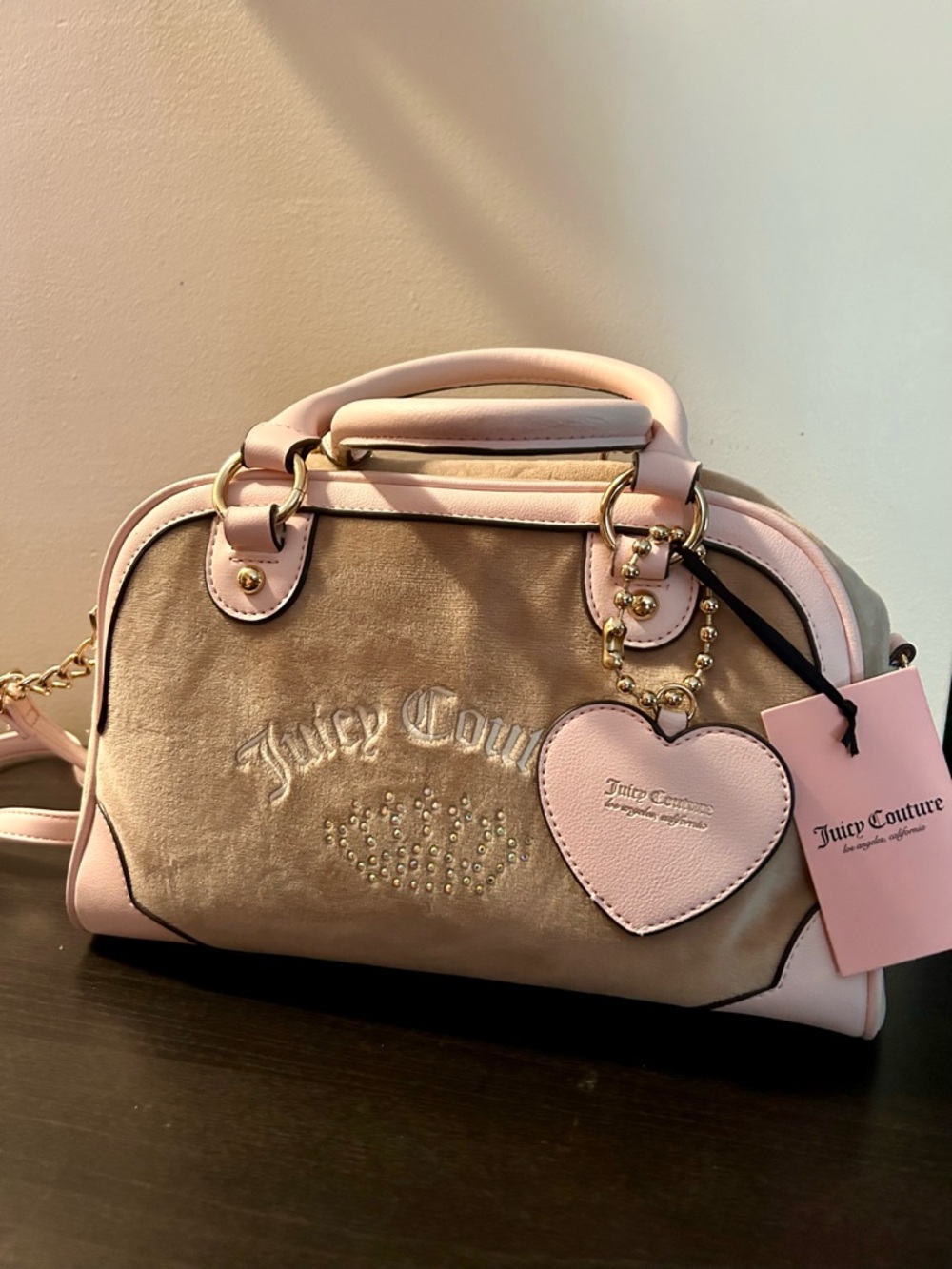 Juicy Couture Pink and Tan Heart Charm Satchel Bag